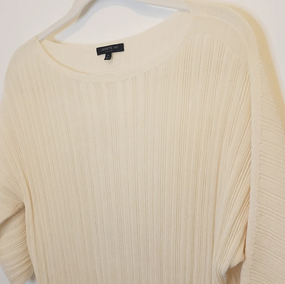 Lafayette 148 Dolman Ribbed Semi Sheer Cream Plisse Sweater Size S - Picture 3 of 12